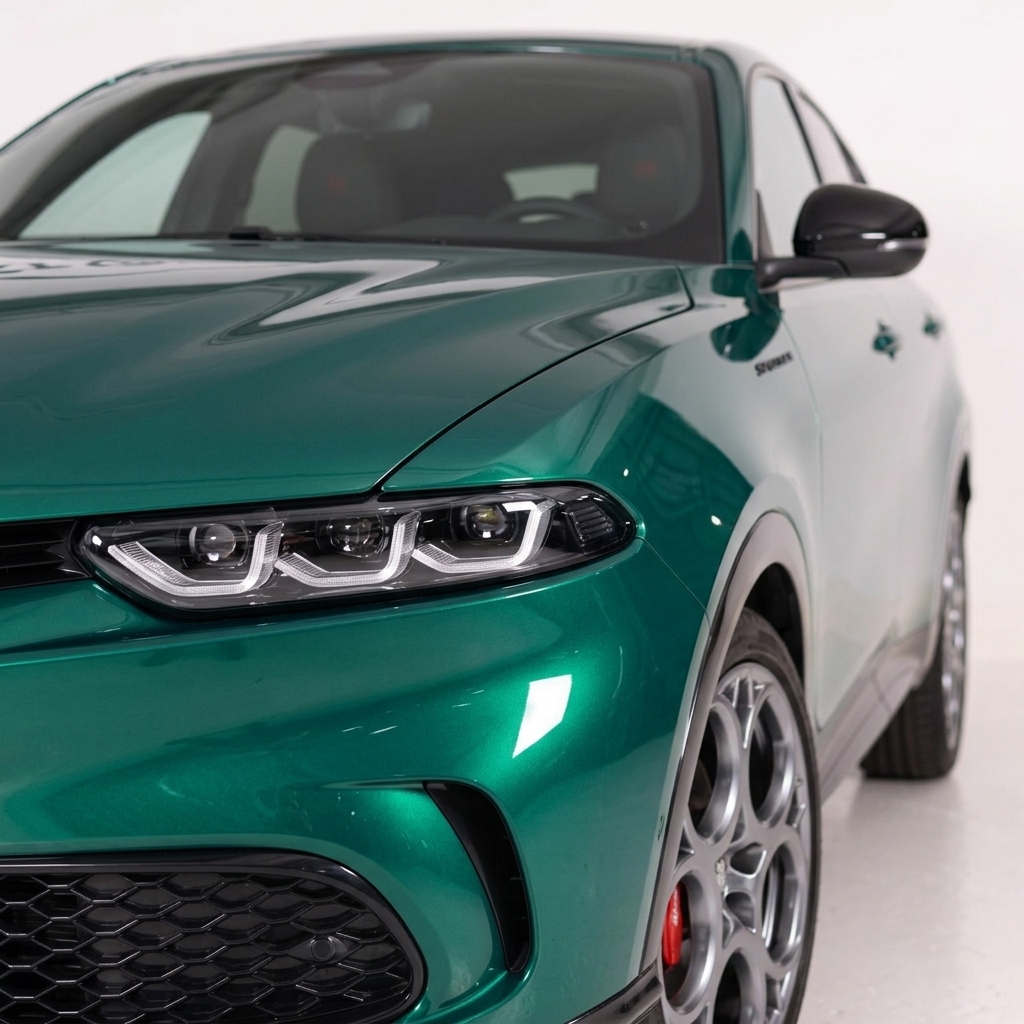 Production visuelle et photographie commerciale d'une voiture de luxe dans un showroom automobile à Casablanca