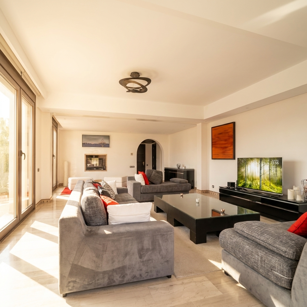 Photographie immobilière professionnelle d'un salon moderne et lumineux à Marrakech, réalisation agence Resofusion